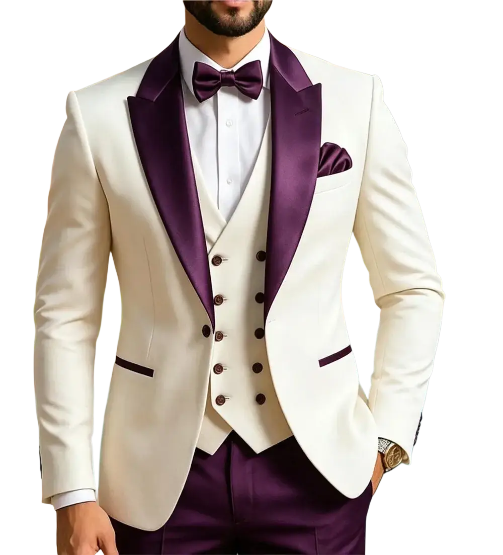 Elegant custom men’s tuxedo suit featuring ivory fabric with burgundy satin lapels and matching bow tie and pocket square