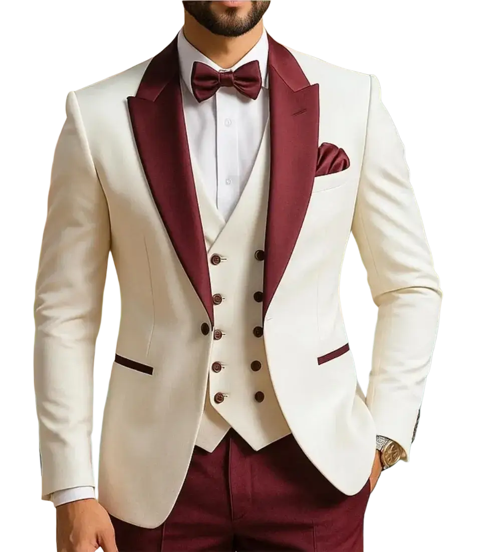 Elegant ivory tuxedo jacket with burgundy satin lapels and pocket square paired with a coordinating bow tie