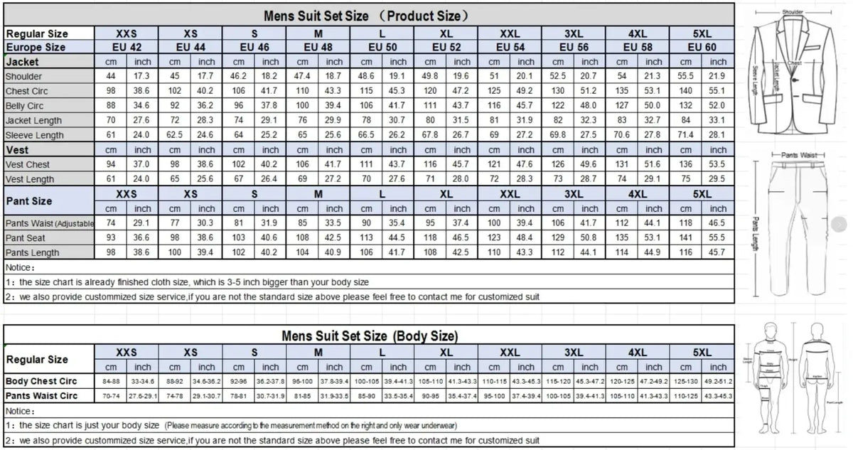 Custom men’s burgundy lapel tuxedo suit size chart showing jacket, vest, and pants measurements for various sizes