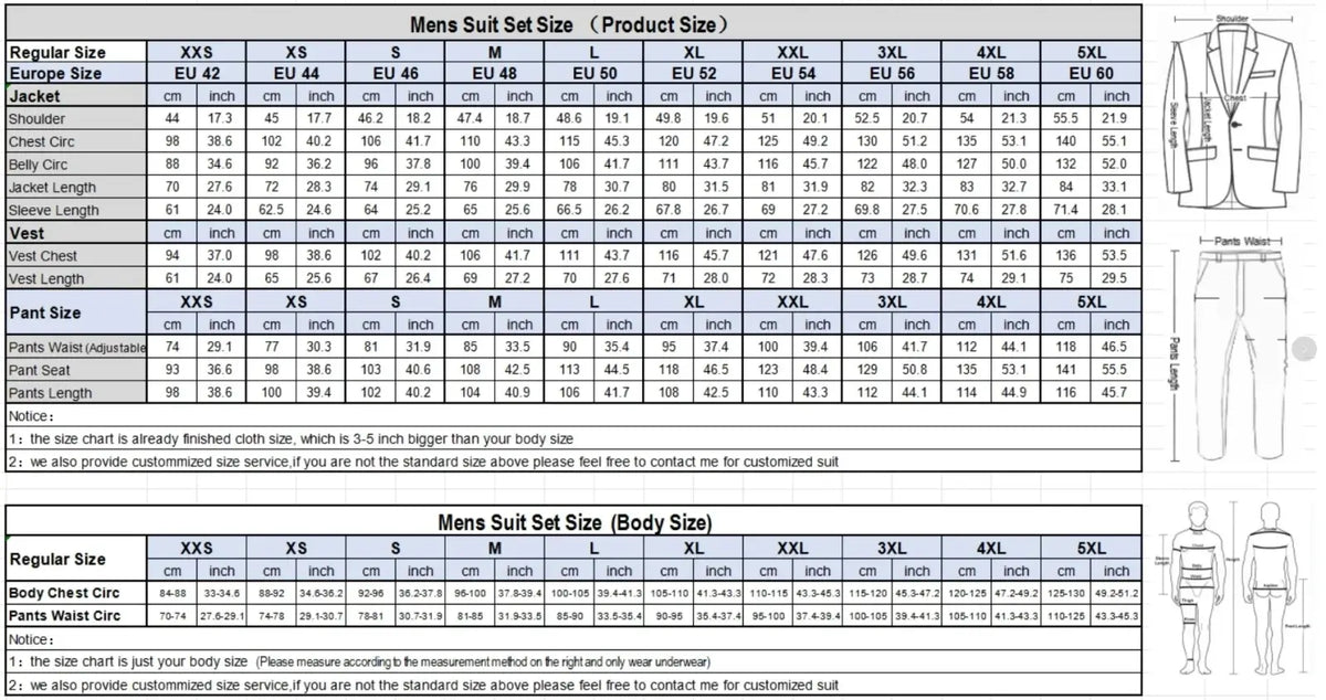 Custom men’s burgundy lapel tuxedo suit size chart showing jacket, vest, and pants measurements for various sizes