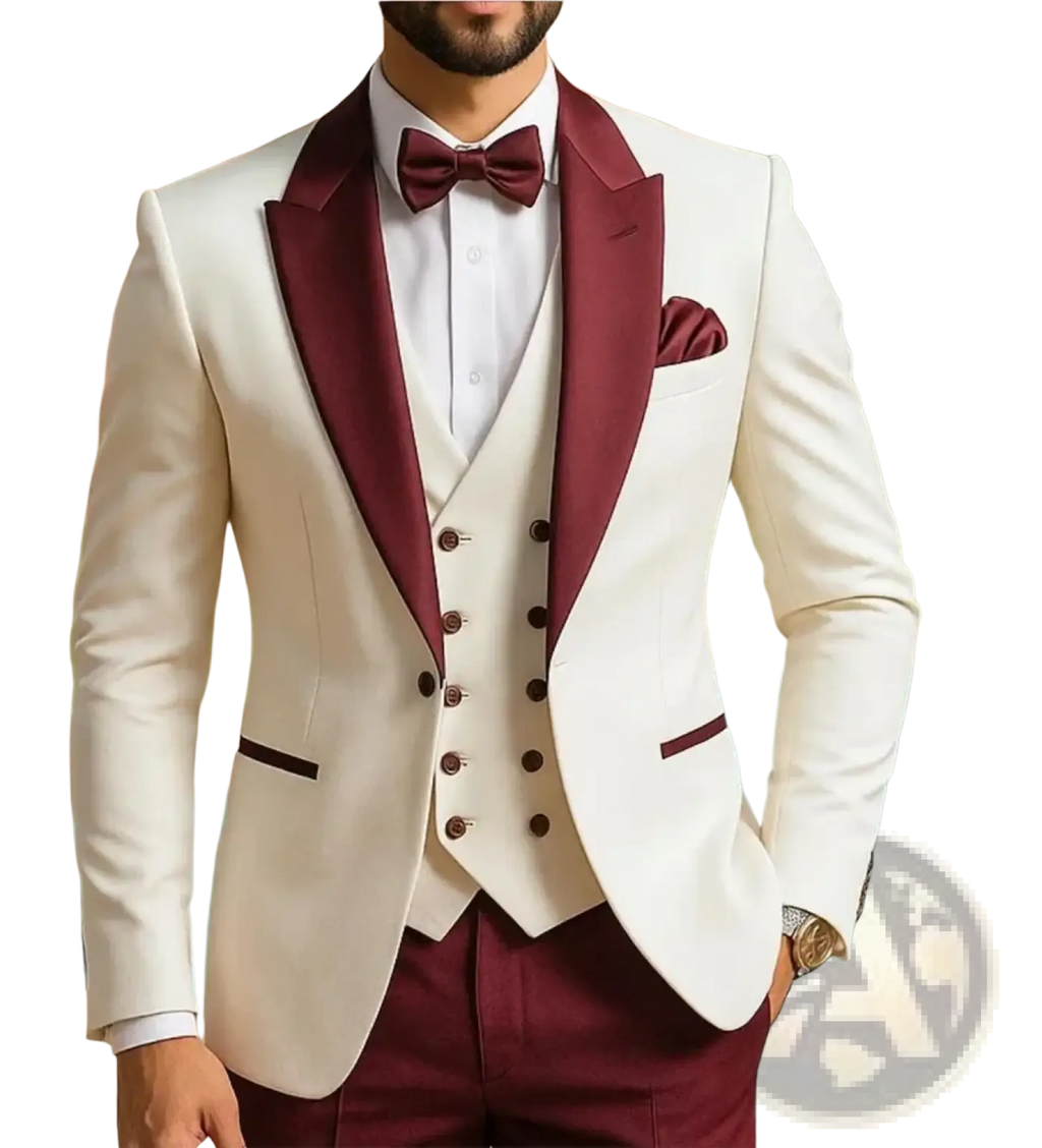 Elegant ivory tuxedo jacket with burgundy satin lapels and pocket square paired with a coordinating bow tie