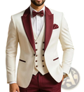 Elegant ivory tuxedo jacket with burgundy satin lapels and pocket square paired with a coordinating bow tie