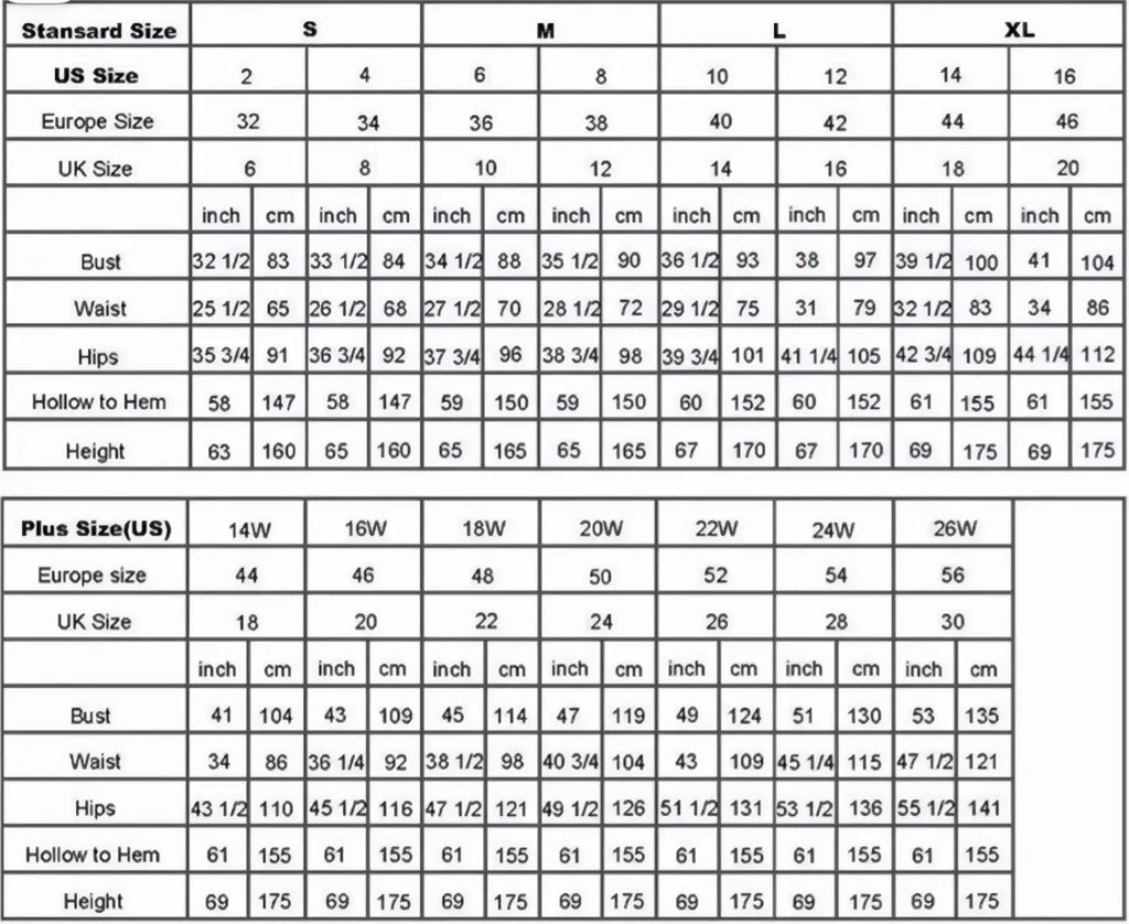 Size conversion chart for custom mermaid wedding dress lace strapless bridal gown showing US Europe UK plus sizes in inches and cm