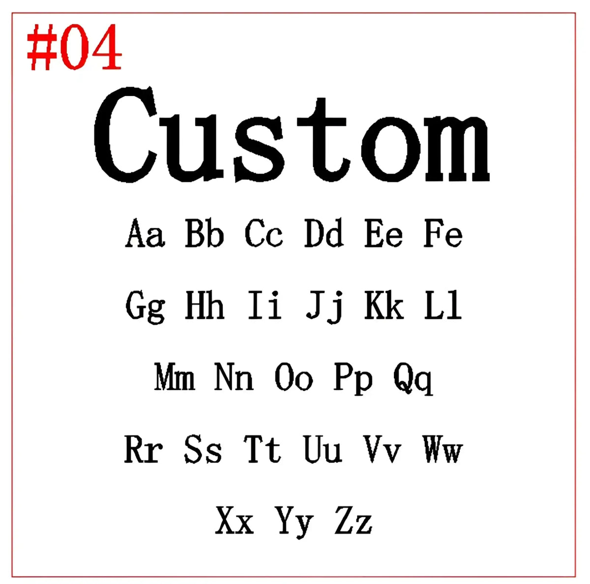 Custom name keychain stainless steel gift showing black custom font sample sheet with uppercase and lowercase pairs
