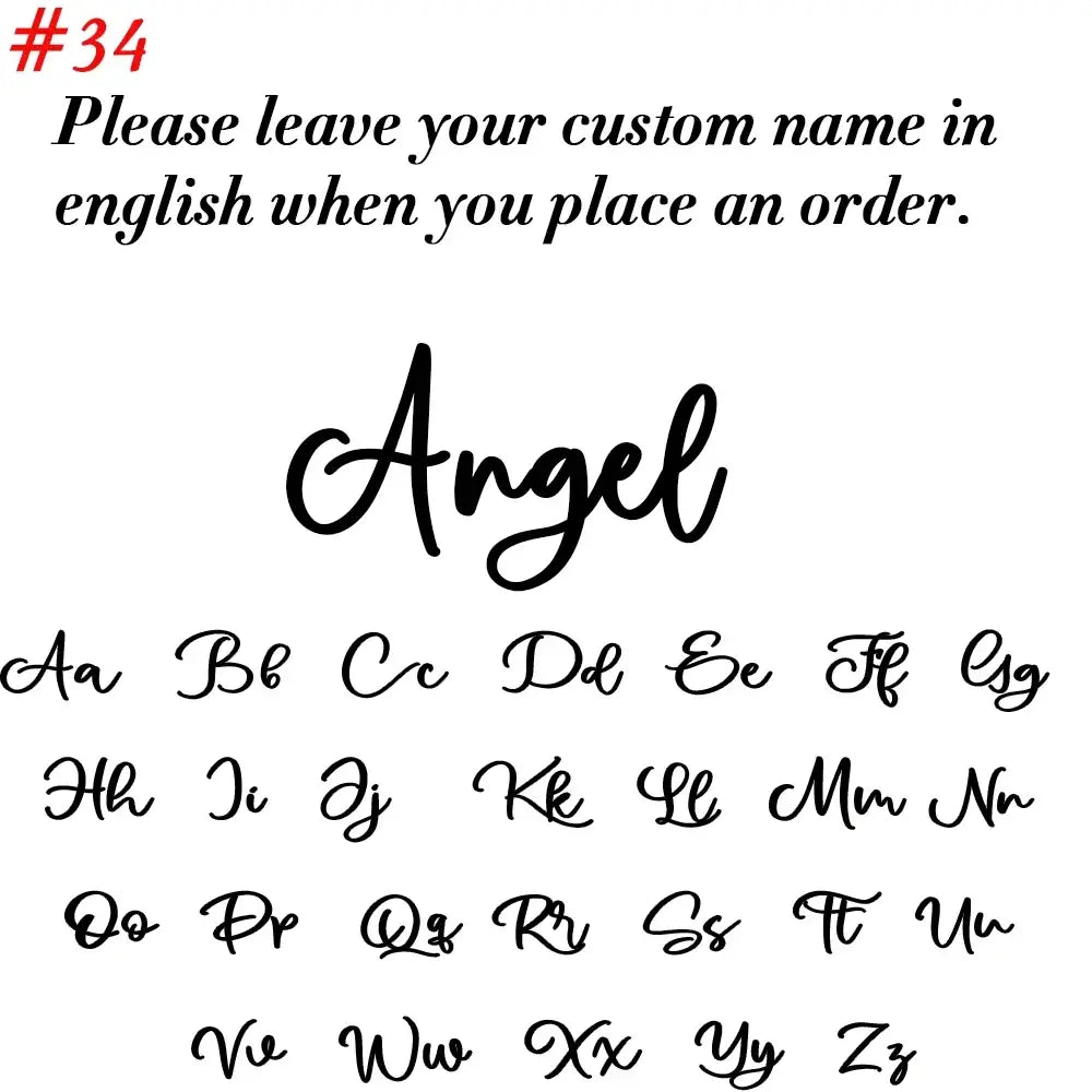 Custom name keychain stainless steel gift featuring customizable black cursive font set with word angel and alphabet