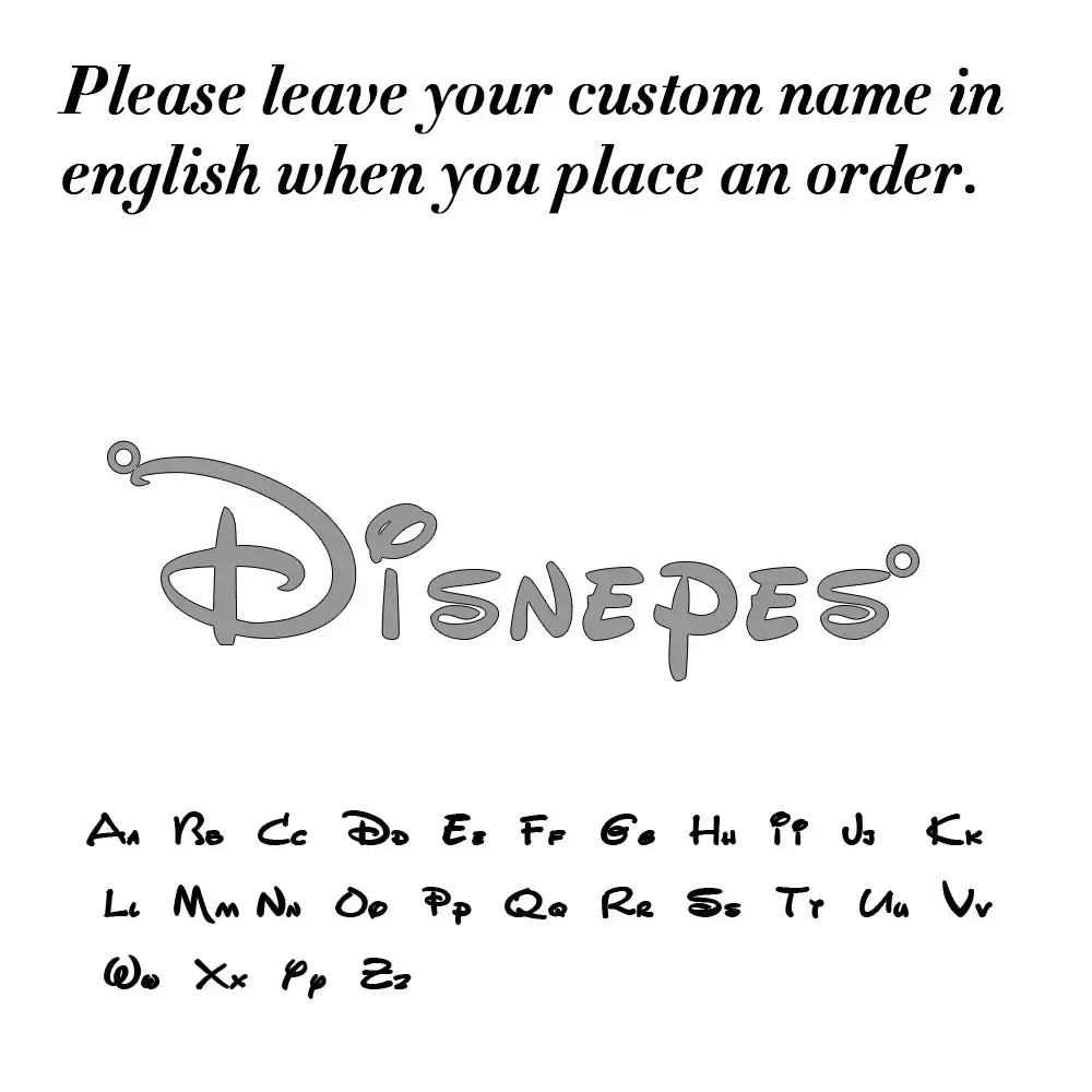 Gray disney-style logo with stylized lettering and trademark symbol on custom name keychain stainless steel gift