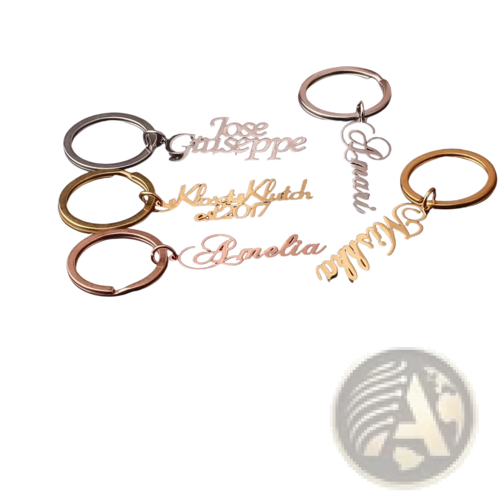 Custom name keychain stainless steel gift in silver rose gold and gold with elegant cursive personalized lettering