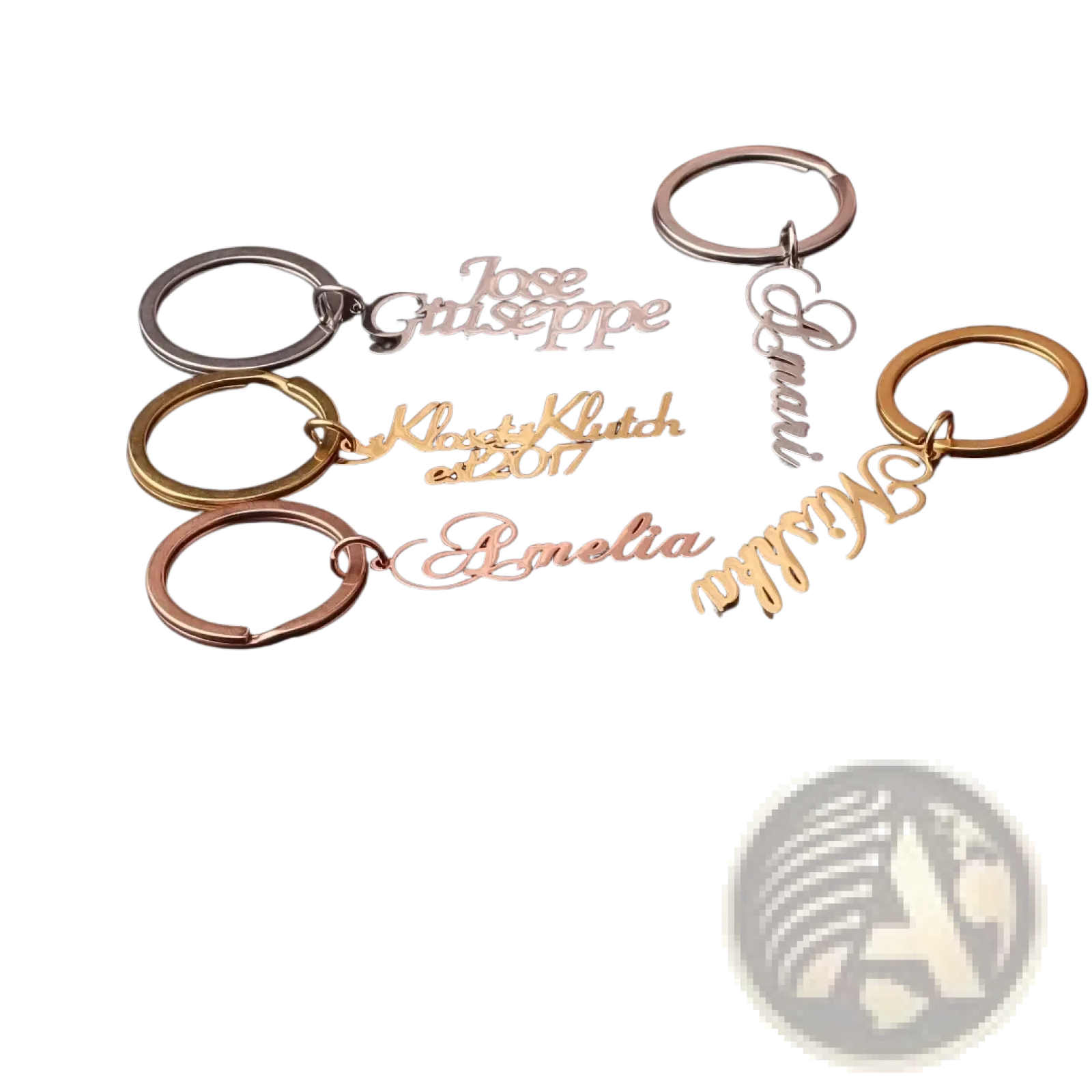 Custom name keychain stainless steel gift in silver rose gold and gold with elegant cursive personalized lettering