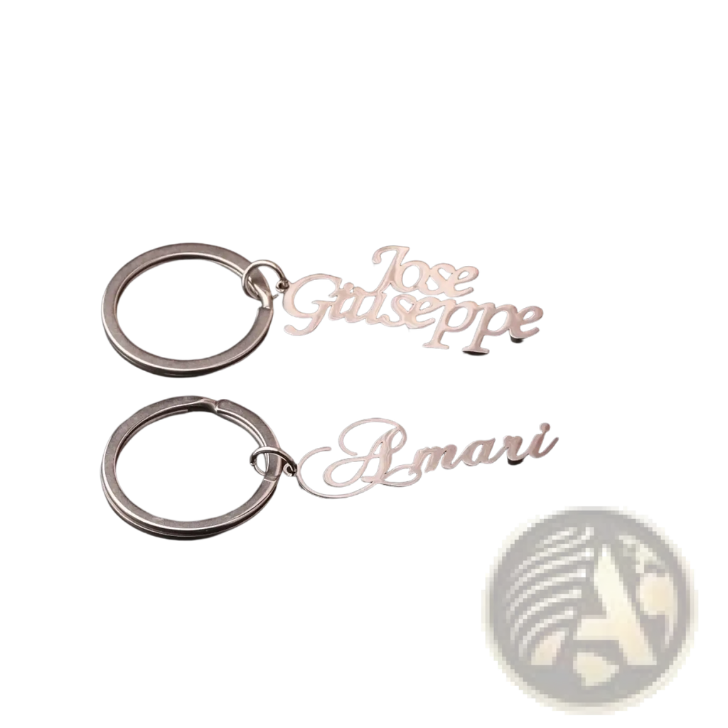 Silver metallic stainless steel custom name keychains engraved with jose giuseppe and amari in elegant cursive font