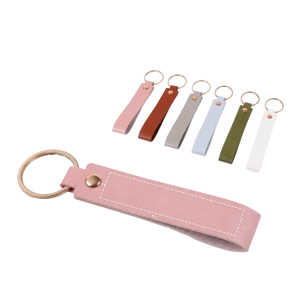 Custom name pink leather keychain with gold-toned metal ring and button closure for secure key storage