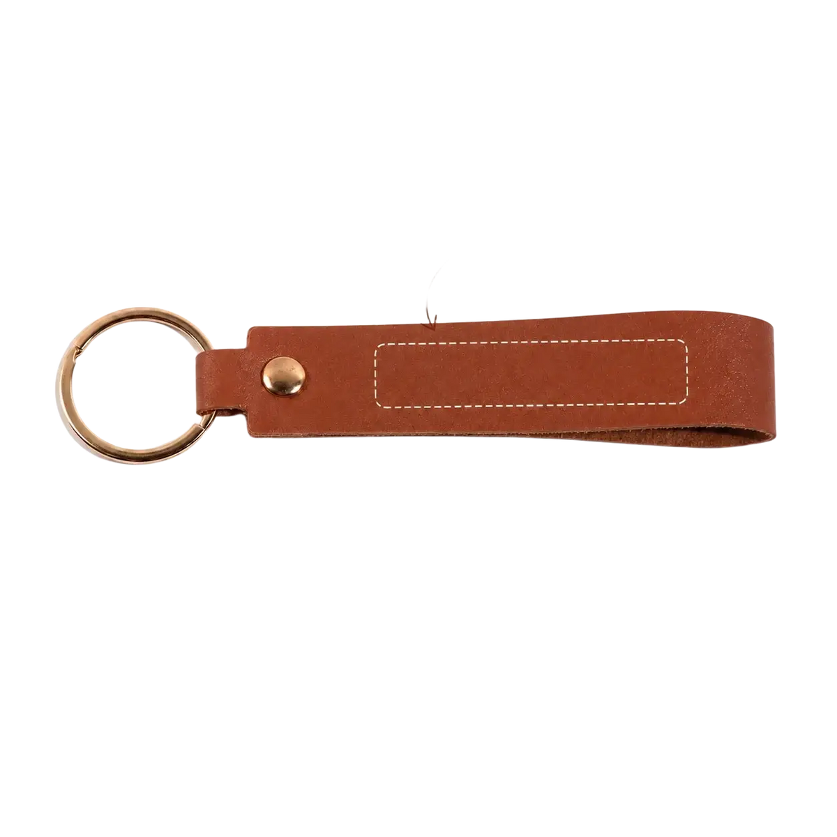 Brown leather custom name keychain with gold metal ring and stitched rectangular area for personalization