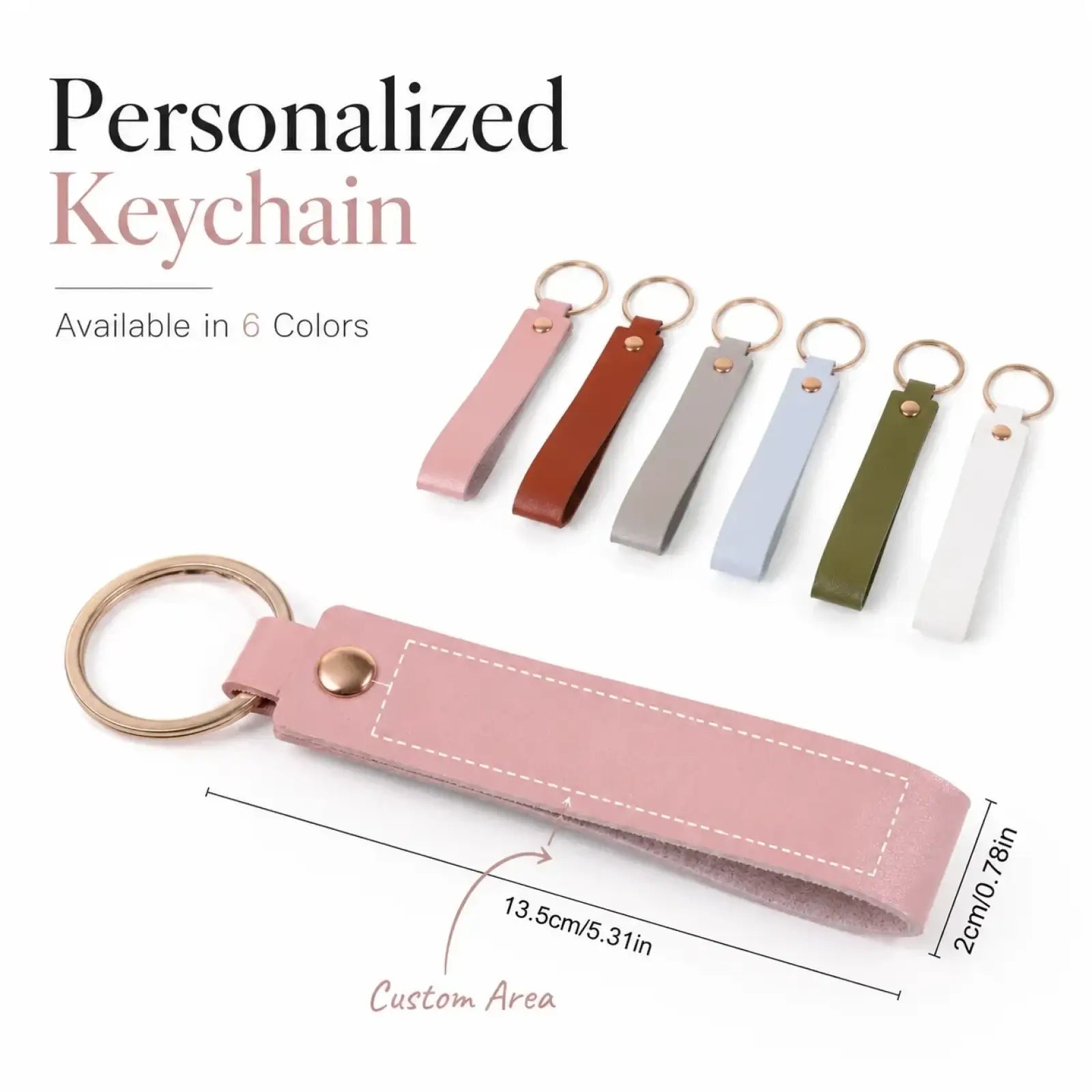 Custom name pink leather keychain with gold-toned metal ring and button closure for secure key storage