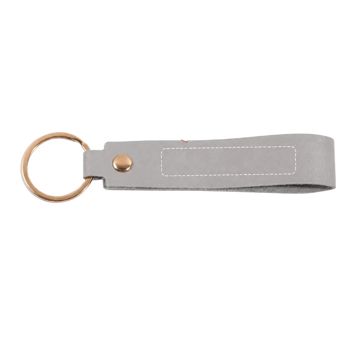 Gray leather key fob with gold-toned metal ring and button for custom name pink leather keychain product
