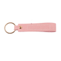 Custom name pink leather keychain featuring a pink leather key fob with a gold-toned metal ring and button
