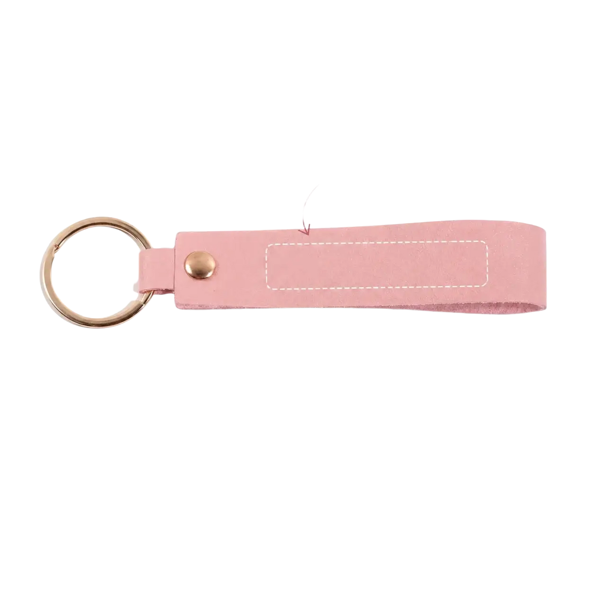 Custom name pink leather keychain featuring a pink leather key fob with a gold-toned metal ring and button