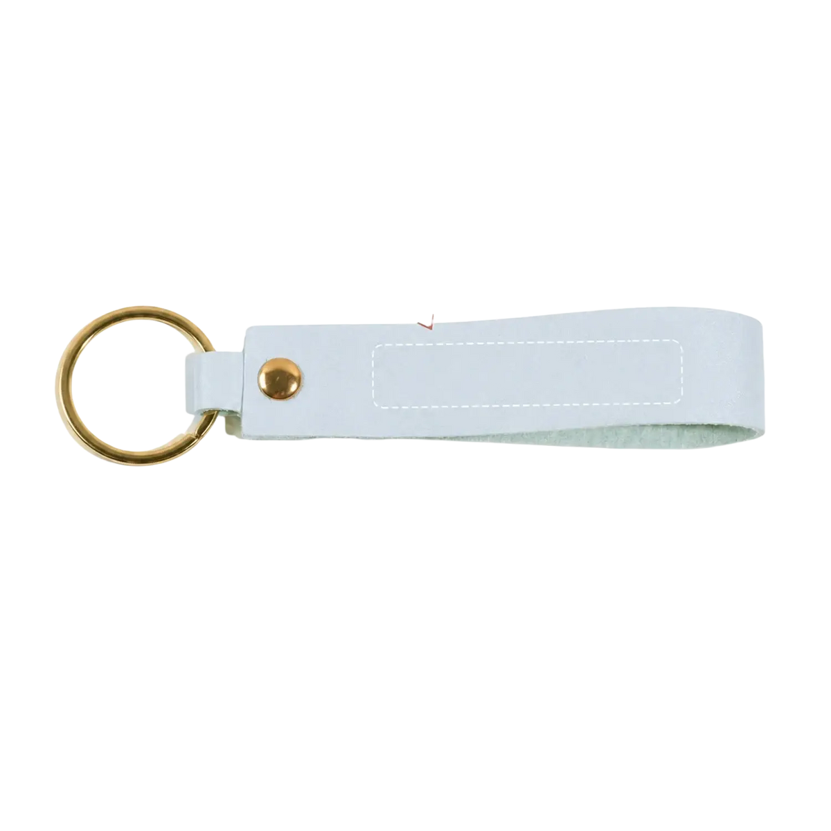 Custom name pink leather keychain featuring a light blue leather key fob with gold-tone metal ring and button