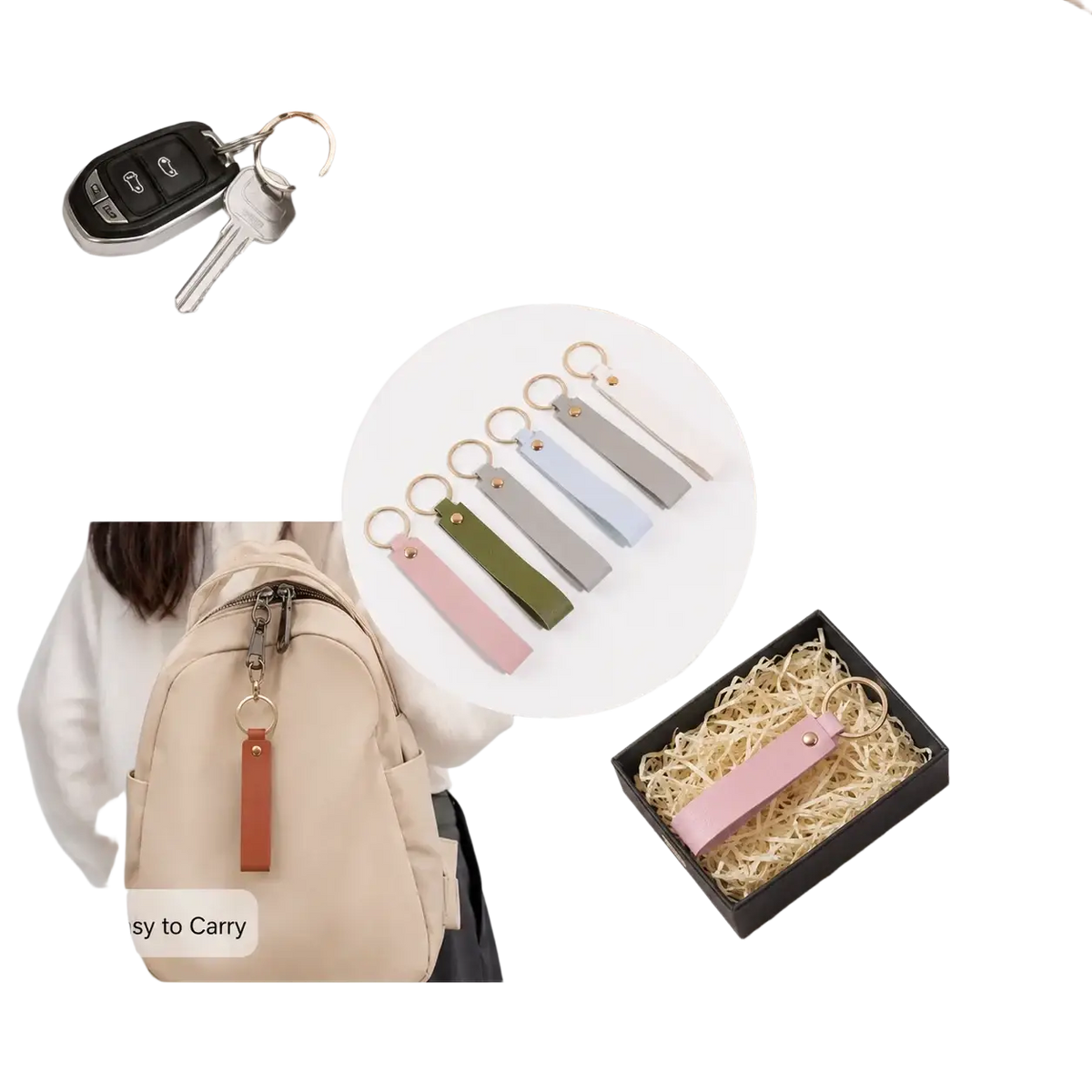 Custom name pink leather keychain minimalist rectangular soft pastel pu leather with gold tone metal ring