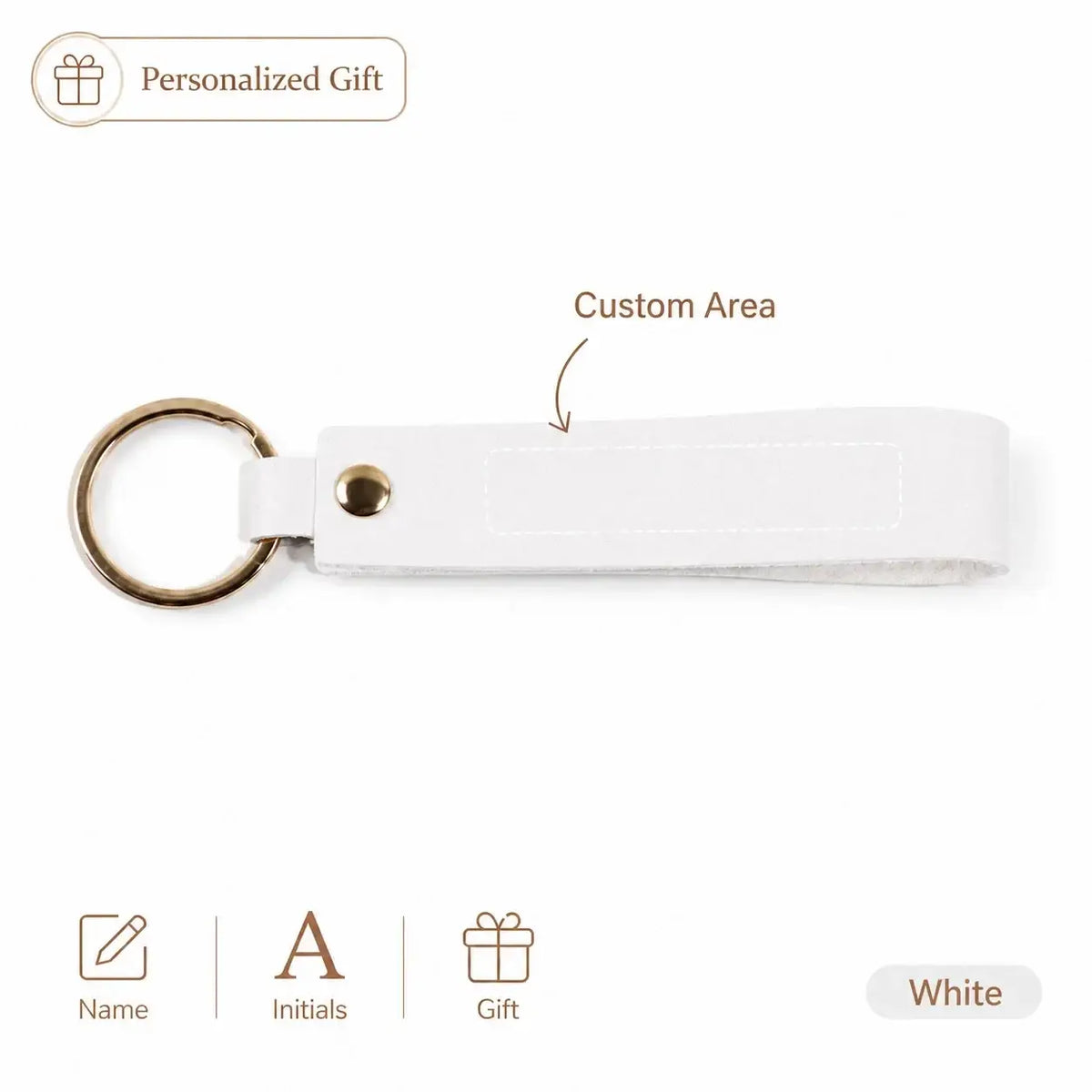 White leather key fob with gold metal ring and customizable engraving area for custom name pink leather keychain