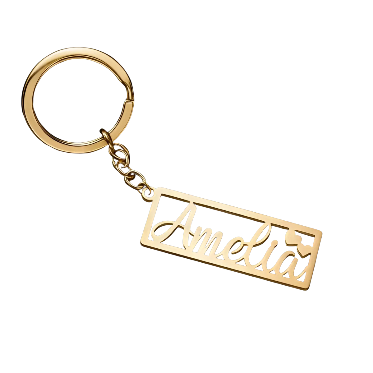 Gold-colored stainless steel custom name keychain with the name amelia in cursive and heart cutouts in a rectangular frame