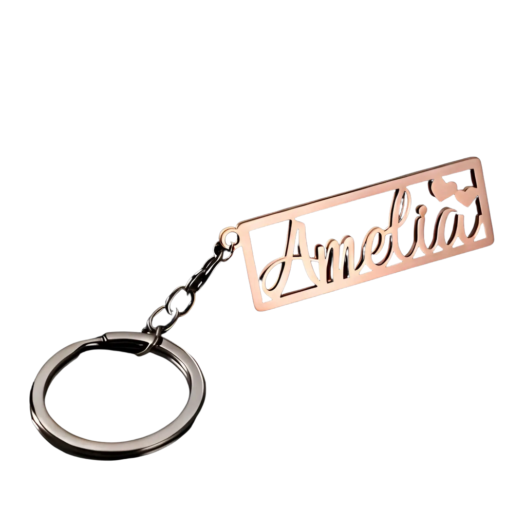 Custom name stainless steel keychain rose gold plated rectangular with amelia in cursive and two small hearts on ring