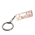 Custom name stainless steel keychain rose gold plated rectangular with amelia in cursive and two small hearts on ring