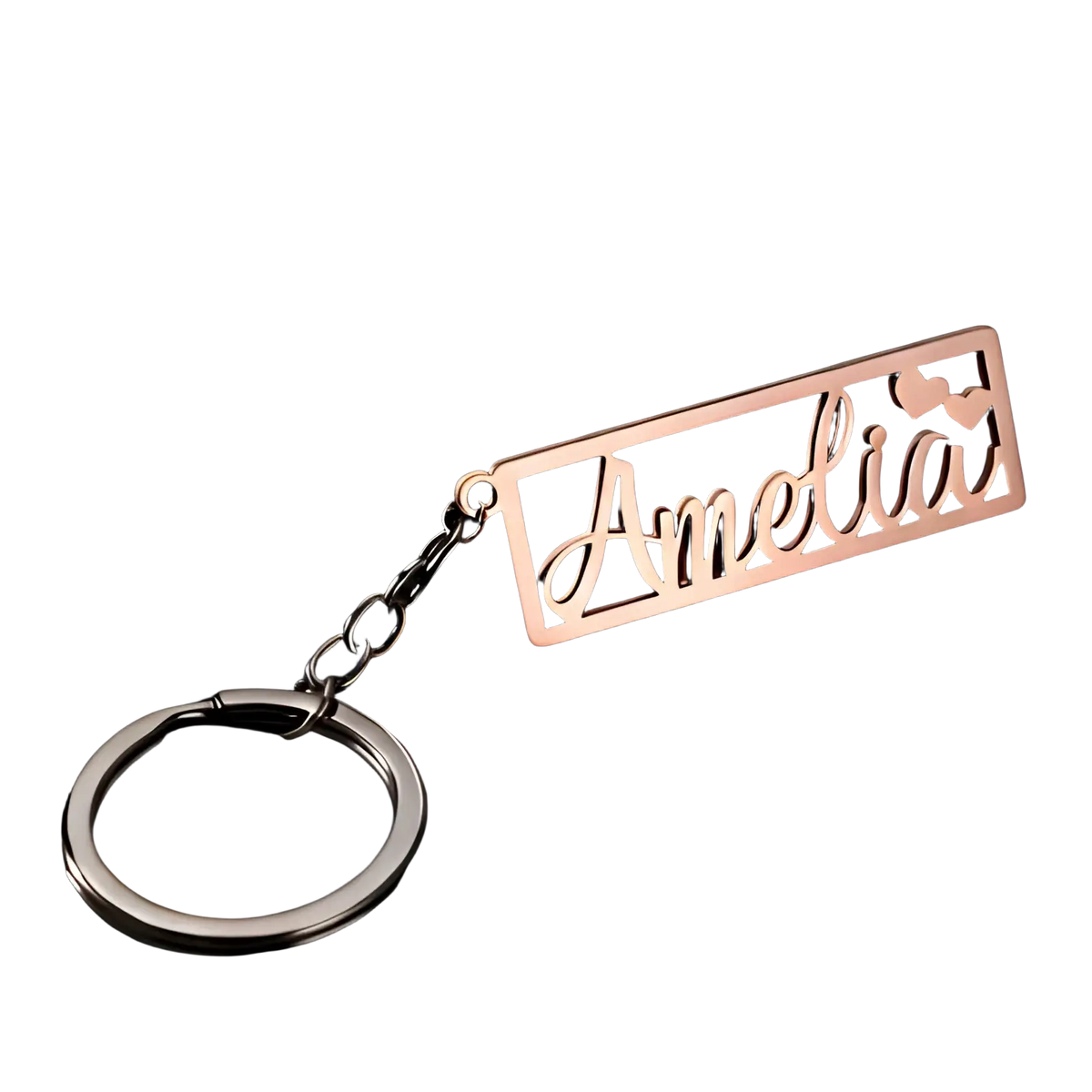 Custom name stainless steel keychain rose gold plated rectangular with amelia in cursive and two small hearts on ring