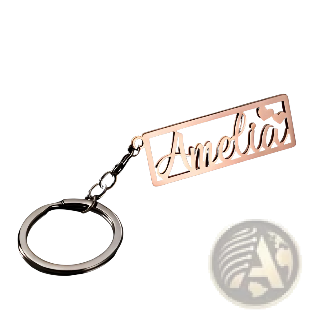 Custom name stainless steel keychain rose gold plated rectangular with amelia in cursive and two small hearts on ring