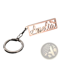 Custom name stainless steel keychain rose gold plated rectangular with amelia in cursive and two small hearts on ring