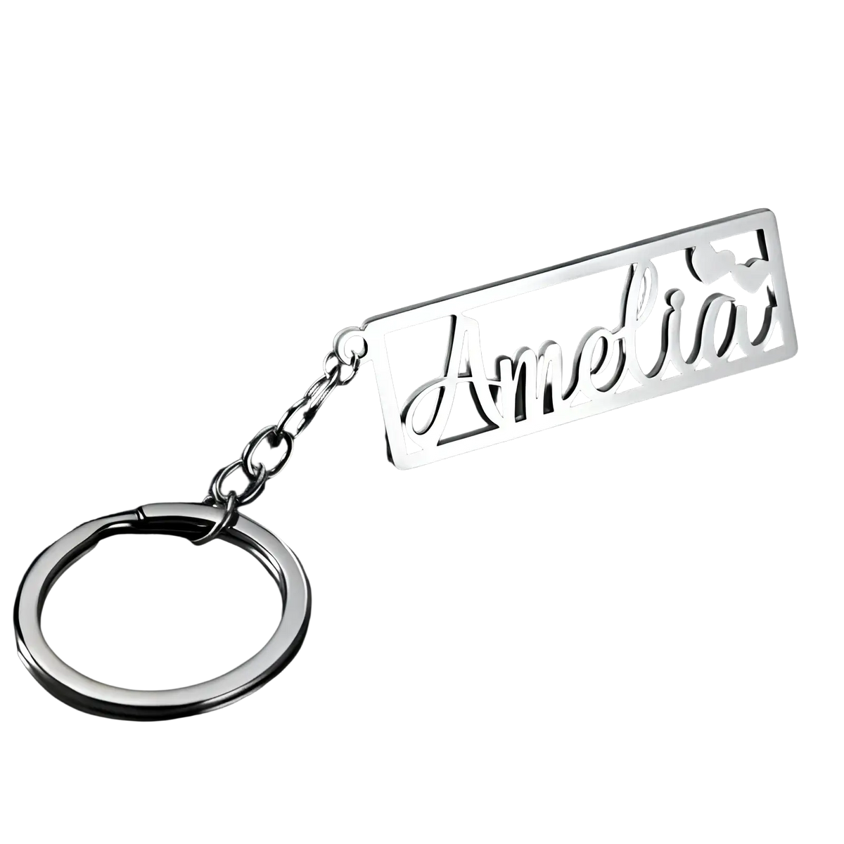 Silver metallic stainless steel custom name keychain with amelia in cursive and two small hearts on a rectangular plaque