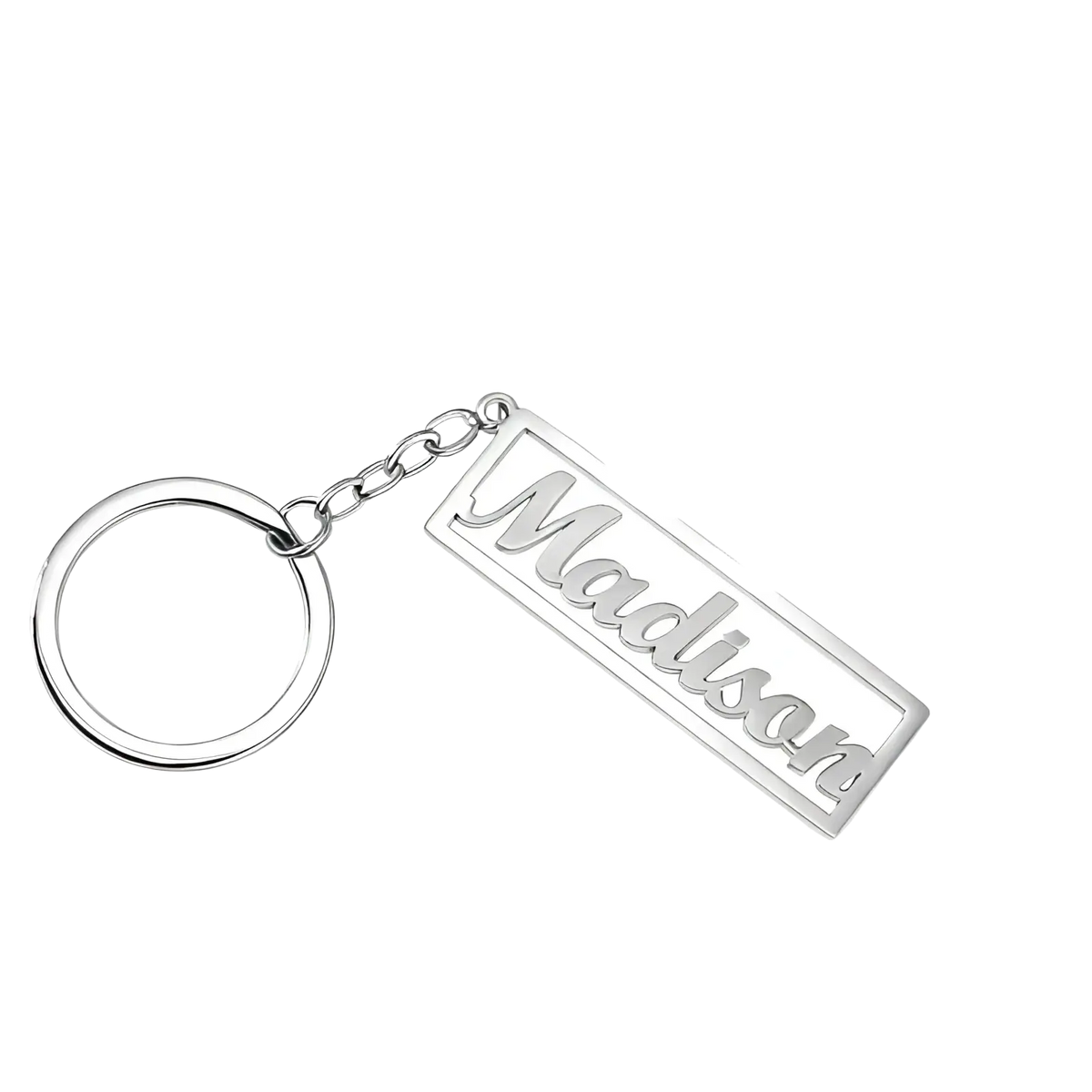 Silver custom name stainless steel keychain with polished finish engraved with madison in cursive attached to ring