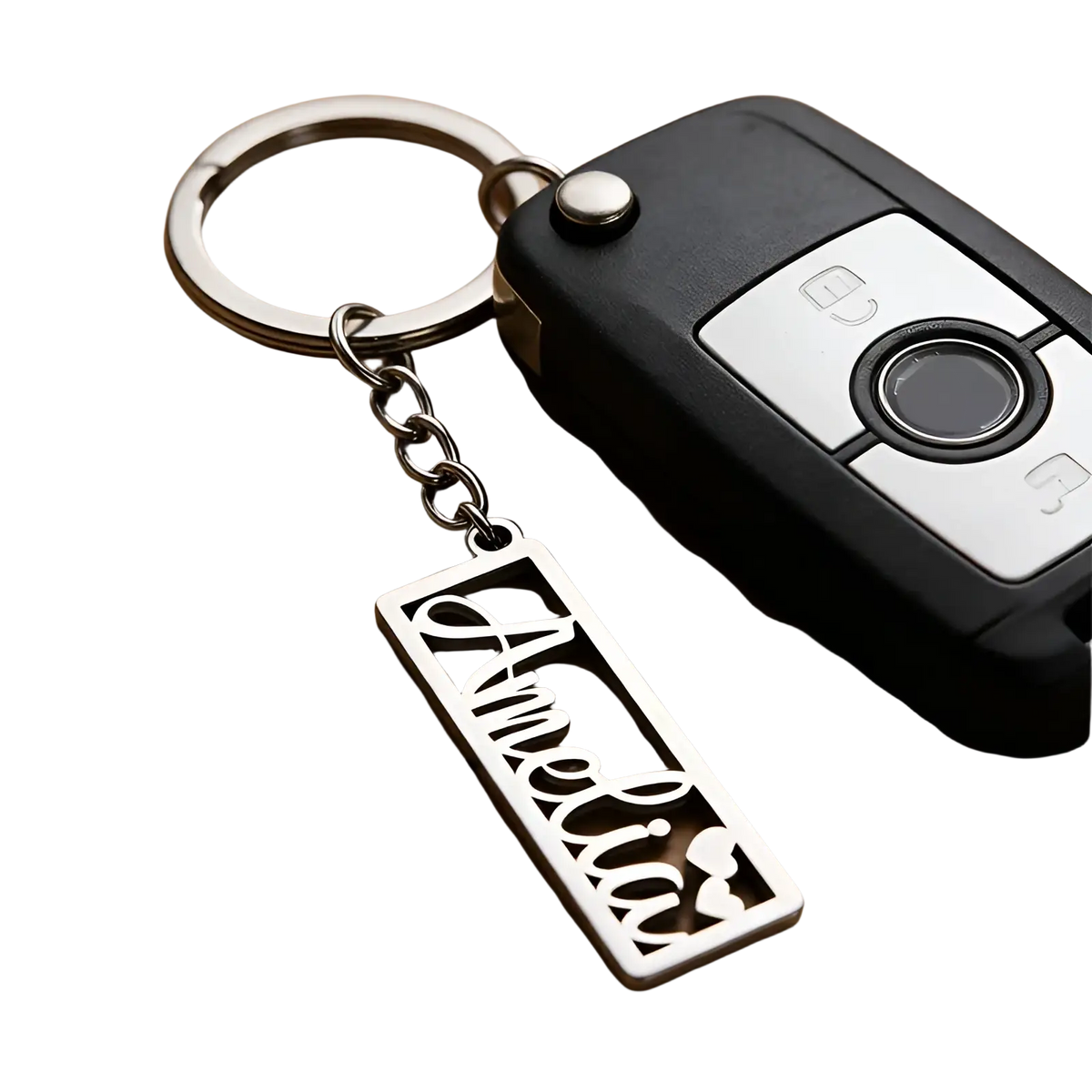 Silver stainless steel custom name keychain with amelia in cursive and two small heart shapes on a rectangular tag