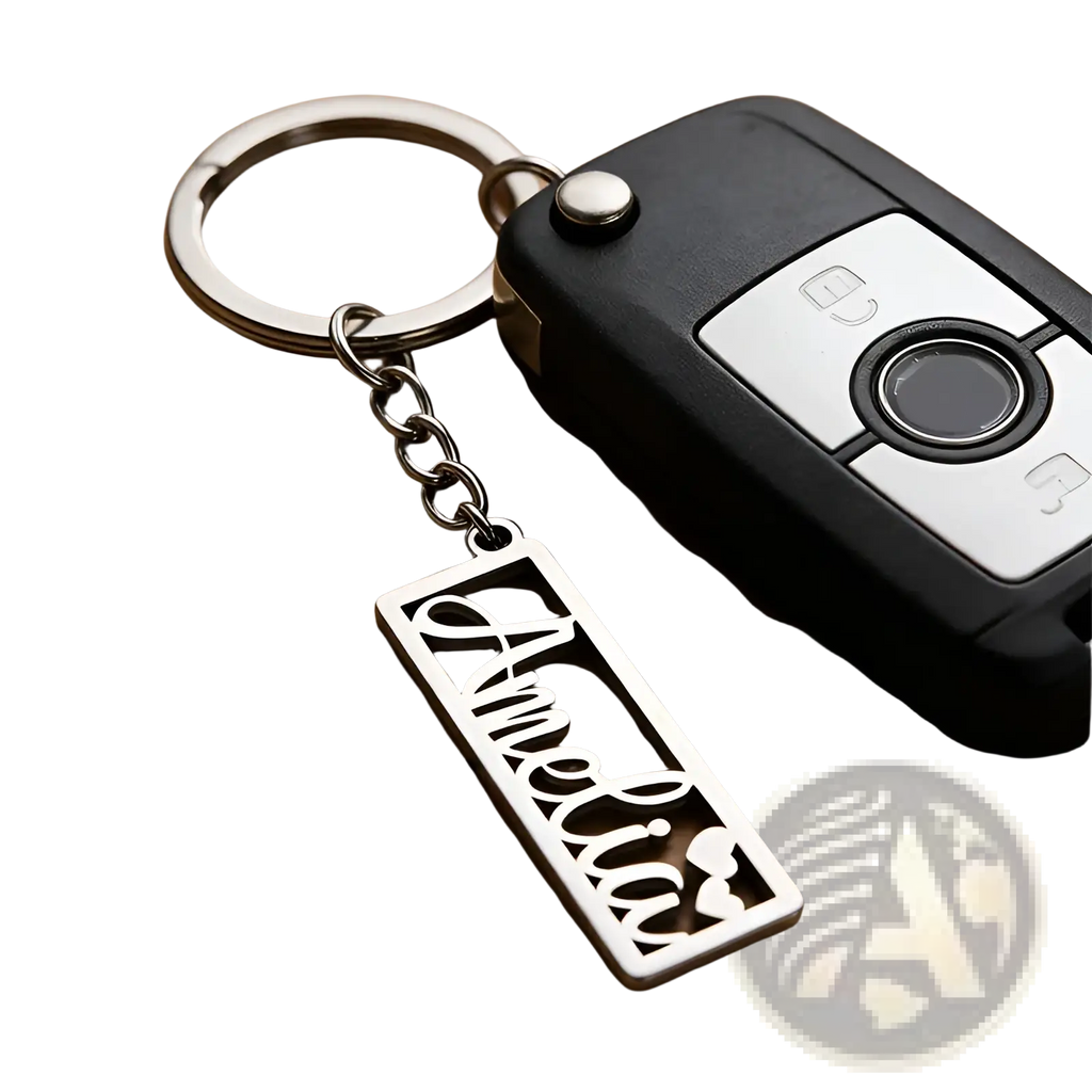 Silver stainless steel custom name keychain with amelia in cursive and two small heart shapes on a rectangular tag