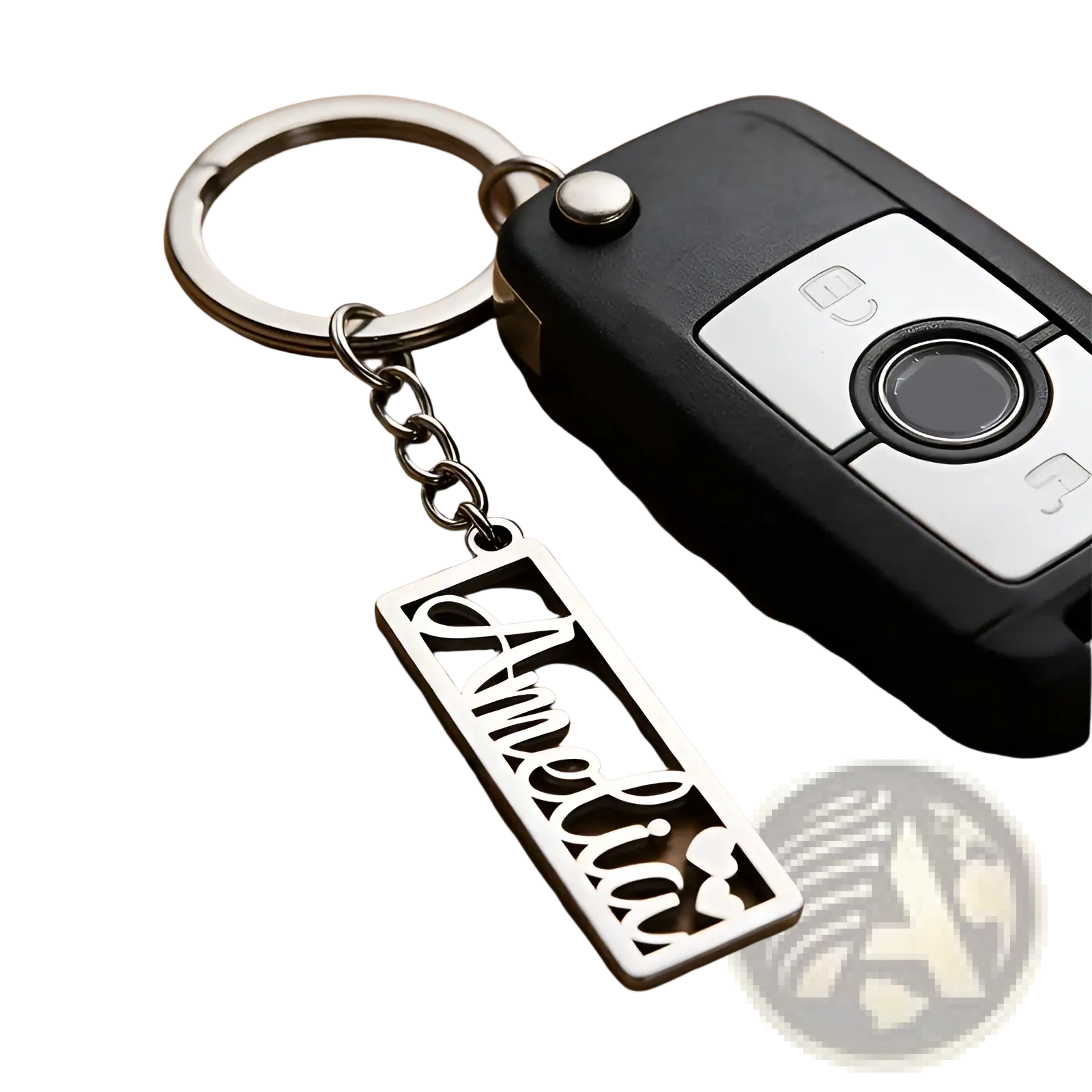 Silver stainless steel custom name keychain with amelia in cursive and two small heart shapes on a rectangular tag