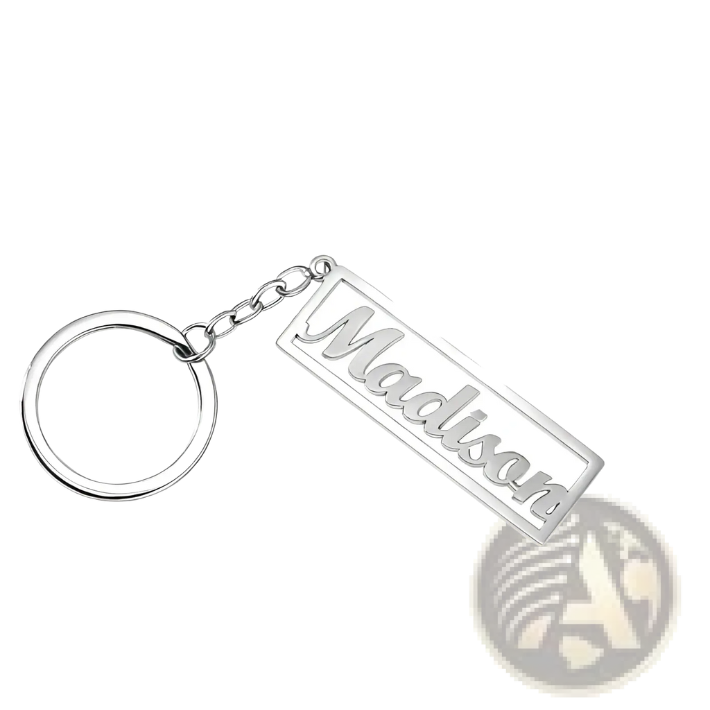 Silver custom name stainless steel keychain with polished finish engraved with madison in cursive attached to ring