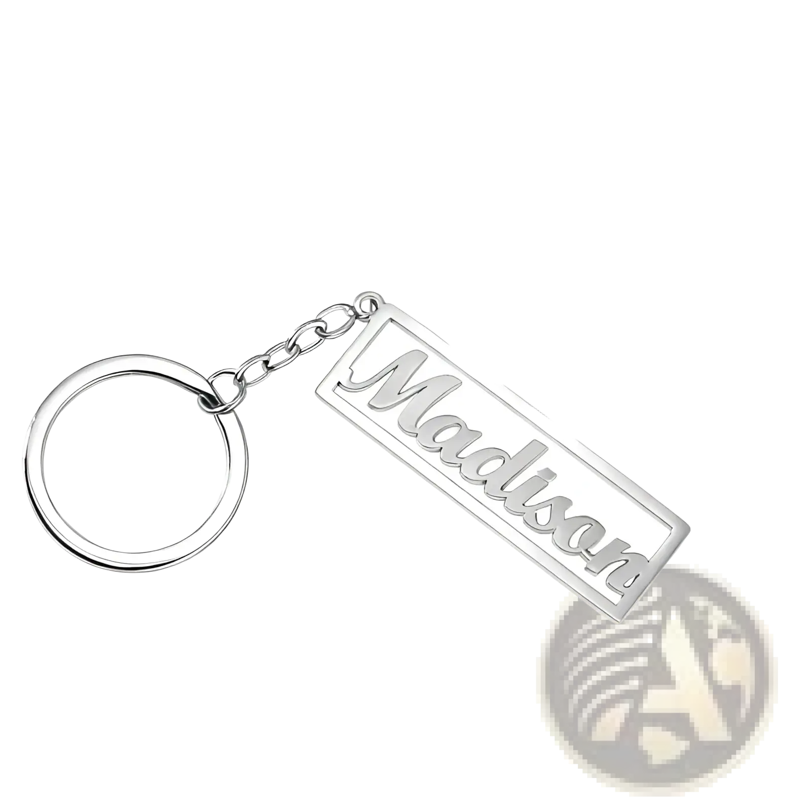Silver custom name stainless steel keychain with polished finish engraved with madison in cursive attached to ring