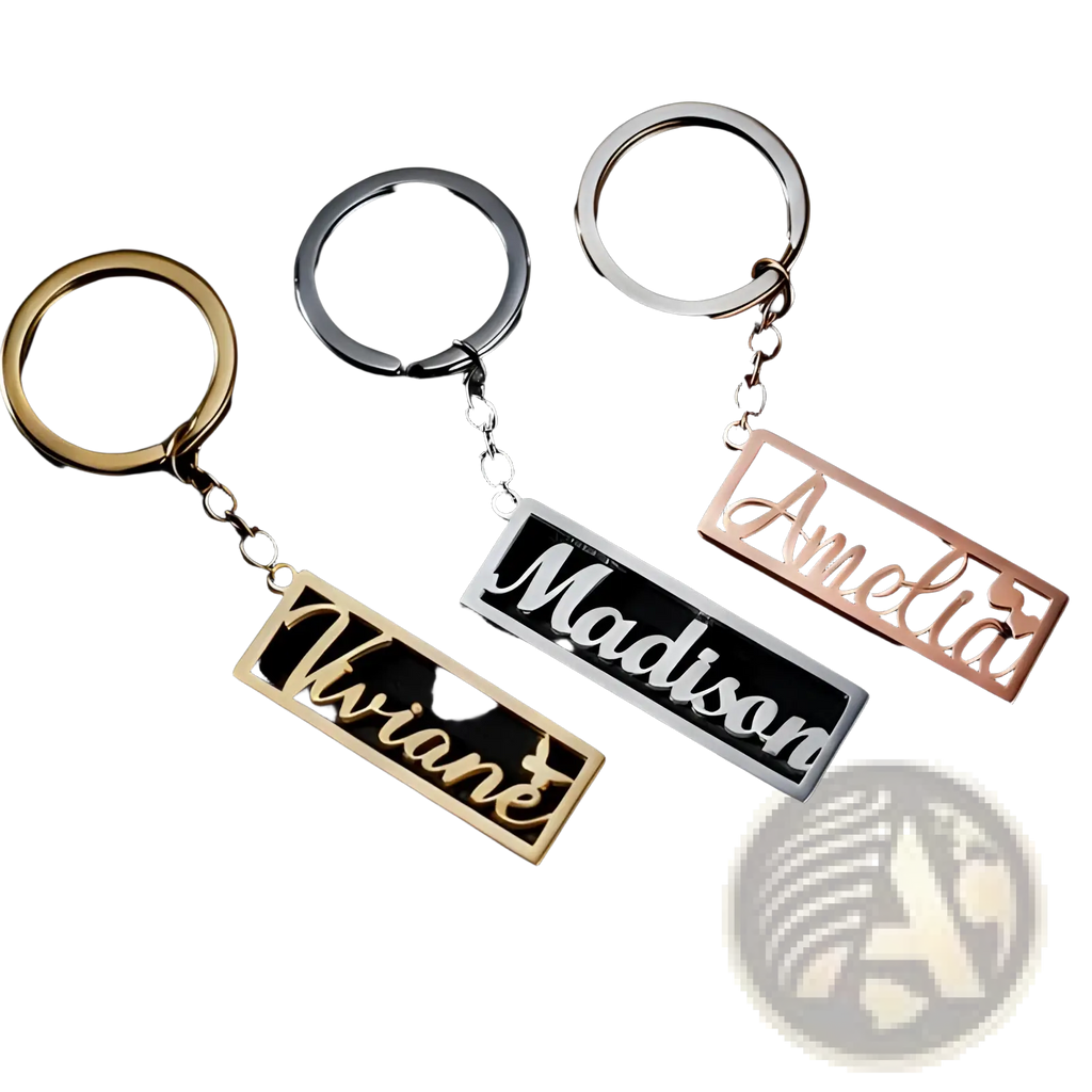 Three custom name stainless steel keychains with rectangular engraved nameplates in gold silver and rose gold finishes