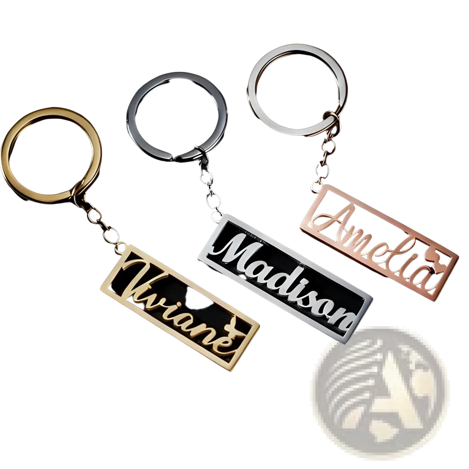 Three custom name stainless steel keychains with rectangular engraved nameplates in gold silver and rose gold finishes