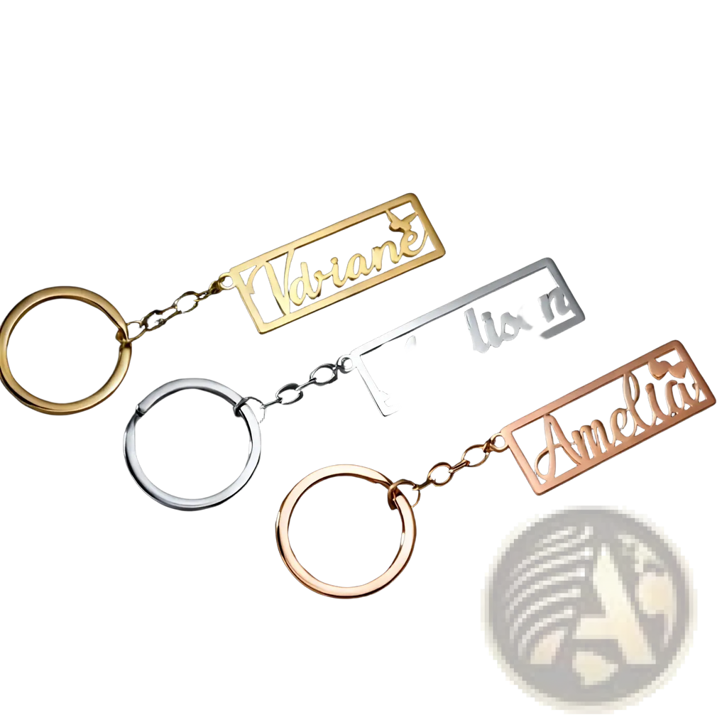 Custom name stainless steel keychain featuring three rectangular silver nameplates engraved in cursive and attached to key rings