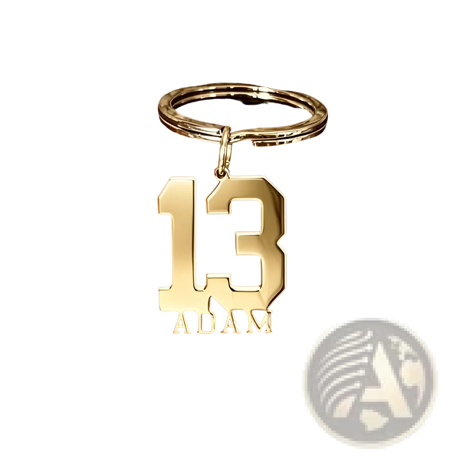 Gold-colored metal custom number and name keychain engraved with number 13 and name adam for personalized use