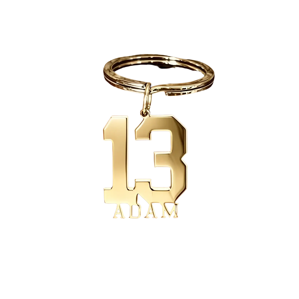 Gold-colored metal custom number and name keychain engraved with number 13 and name adam for personalized use