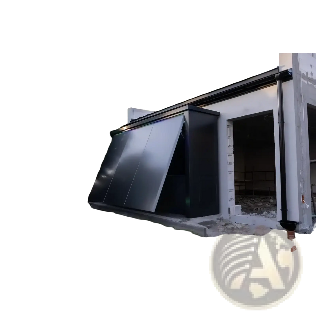 Custom outdoor kitchen with stainless steel grill and black sleek modern retractable garage door with smooth metallic finish