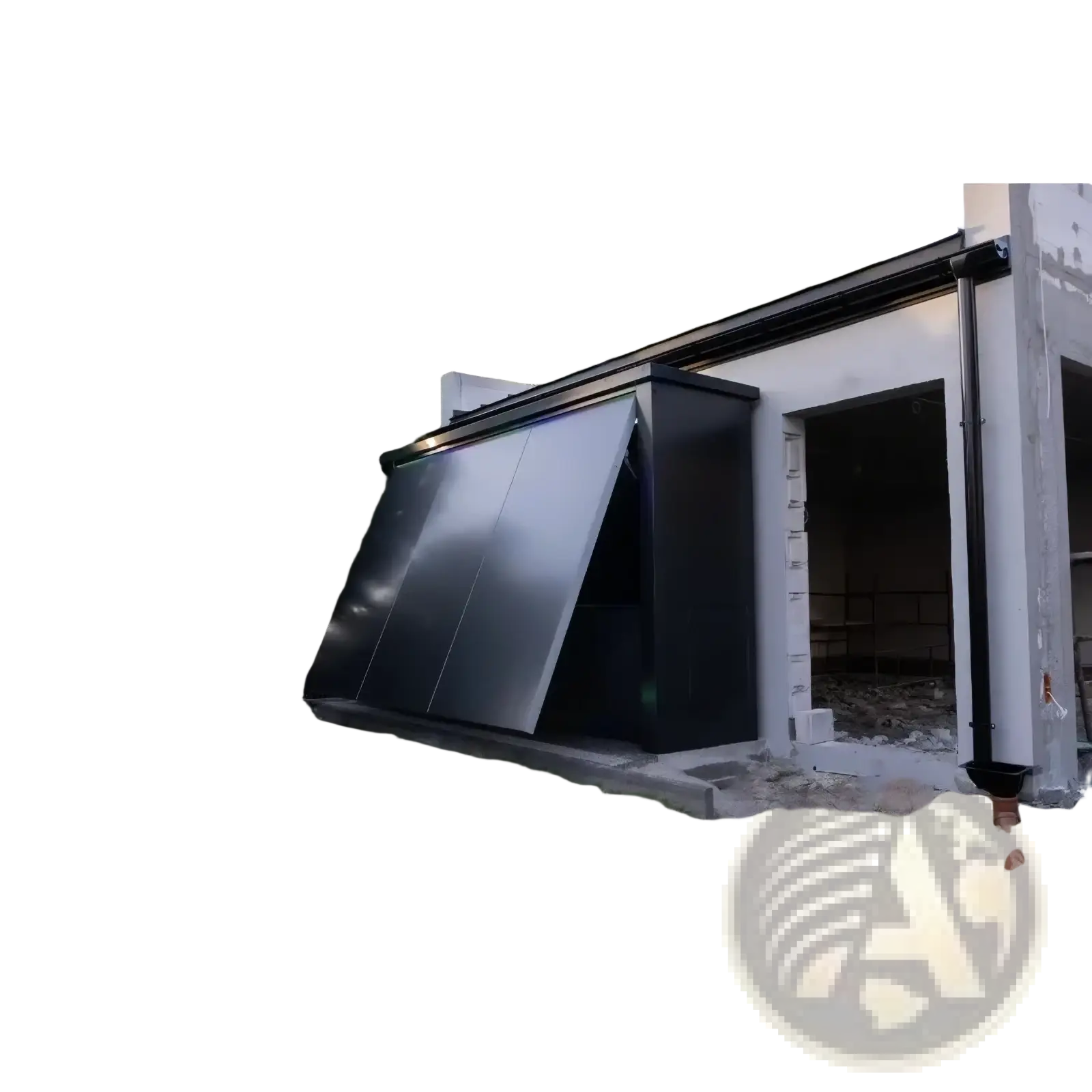 Custom outdoor kitchen with stainless steel grill and black sleek modern retractable garage door with smooth metallic finish
