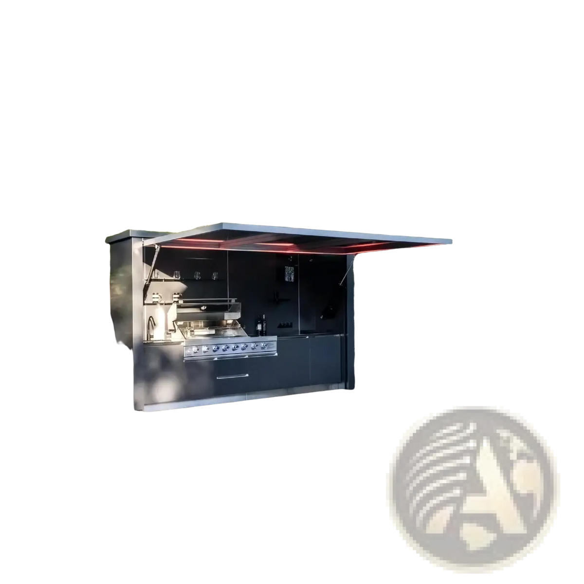 Custom outdoor kitchen featuring a modern black design with a stainless steel grill for outdoor cooking