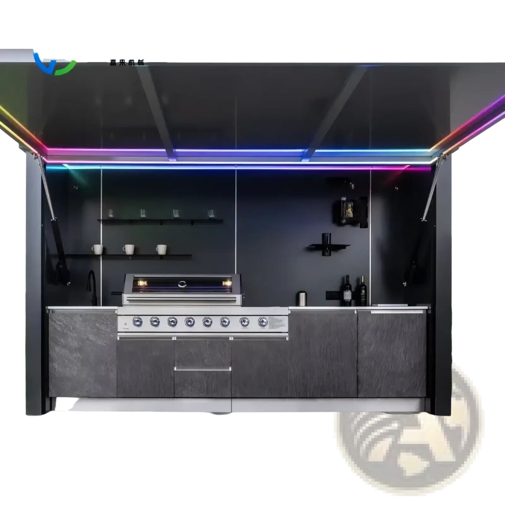 Modern stainless steel gas grill with sleek built-in design and multiple control knobs in custom outdoor kitchen