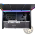 Modern stainless steel gas grill with sleek built-in design and multiple control knobs in custom outdoor kitchen