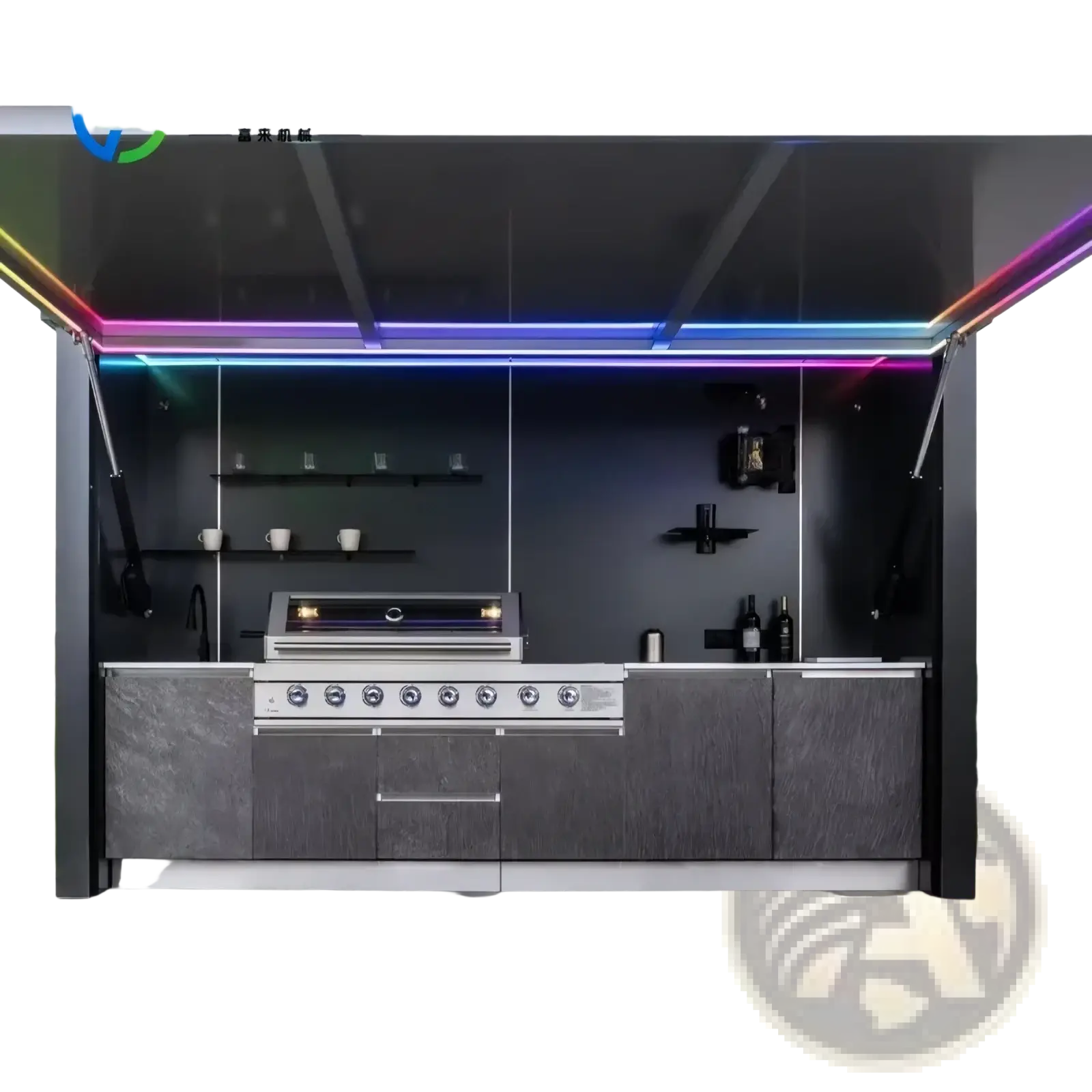 Modern stainless steel gas grill with sleek built-in design and multiple control knobs in custom outdoor kitchen