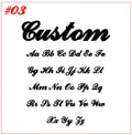 Custom personalized name keychain stainless steel jewelry displaying black cursive font sample sheet labeled number 03