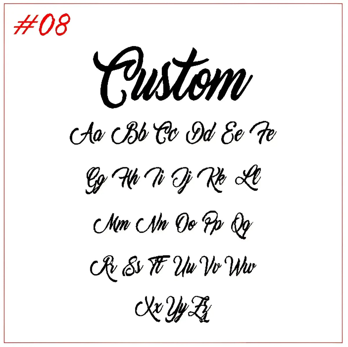 Black custom cursive font sample with uppercase and lowercase letters for stainless steel personalized name keychain jewelry