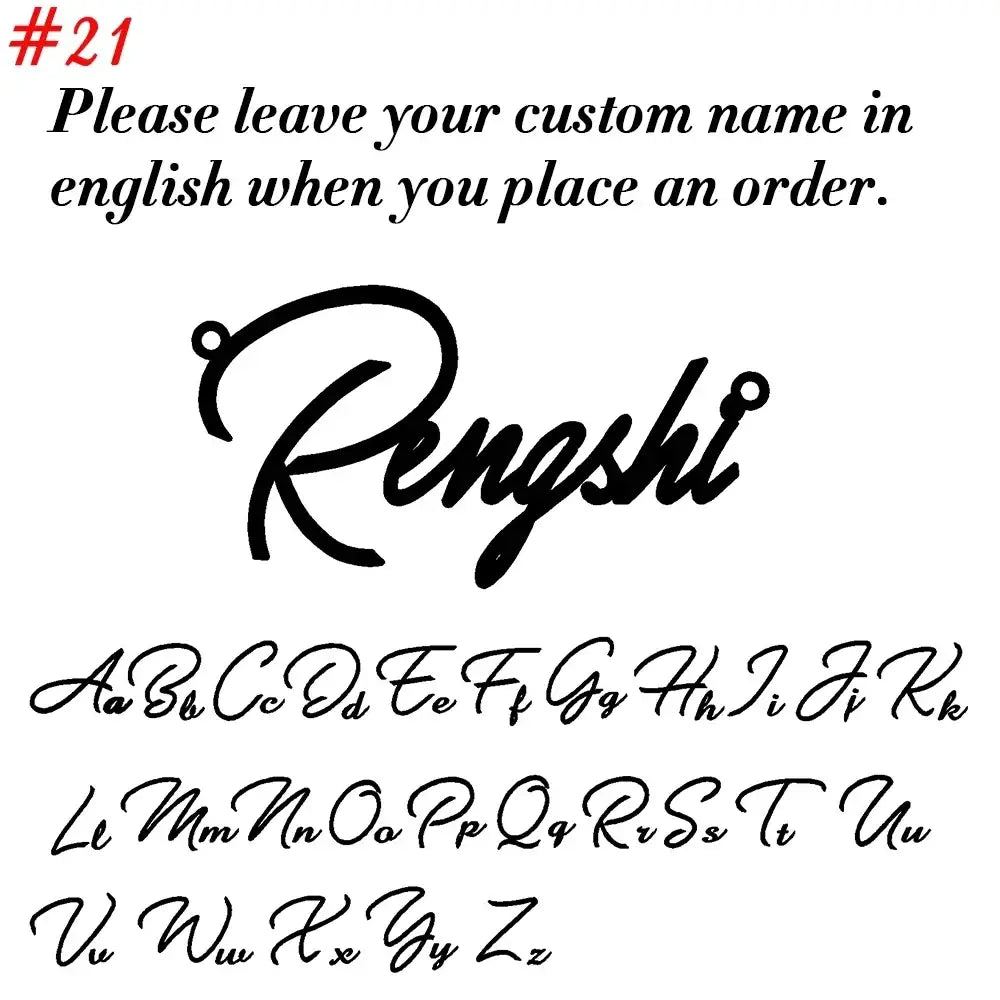 Custom personalized name keychain in stainless steel featuring black cursive lettering with elegant looped script font