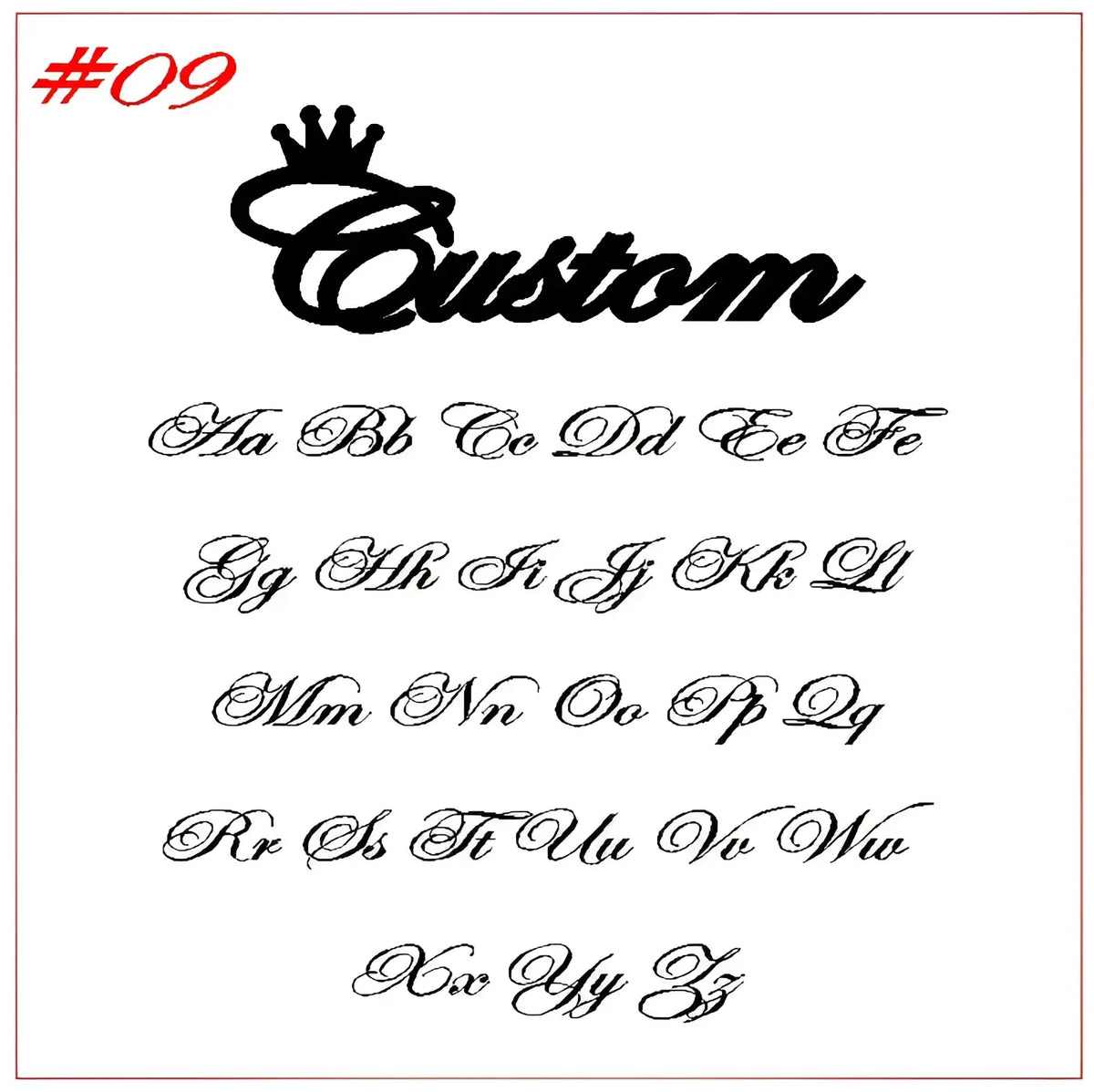 Black cursive font set with crown logo above custom in elegant script style for custom personalized stainless steel keychain